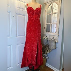 Elegant‎ Red Hot Riding-hood Sweetheart High Low Hem Corset Sequin Evening Gown